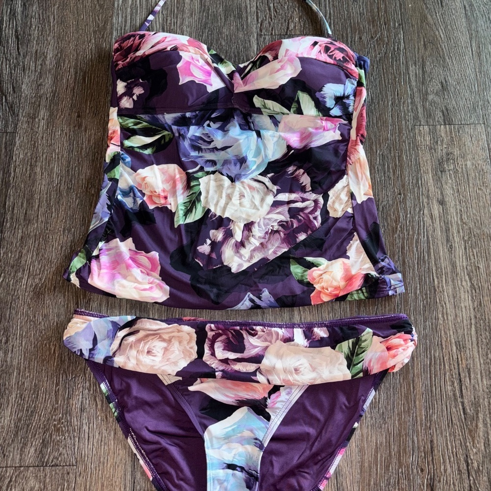La Blanca Purple Floral Tankini Set with Pink, White & Green Accents